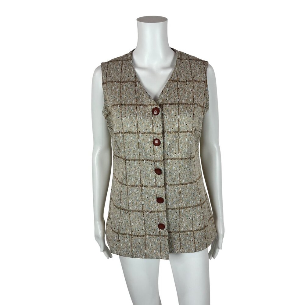 Vintage 70s Long Vest Women's Large Beige Polyester Blue Spotted Button Down Top